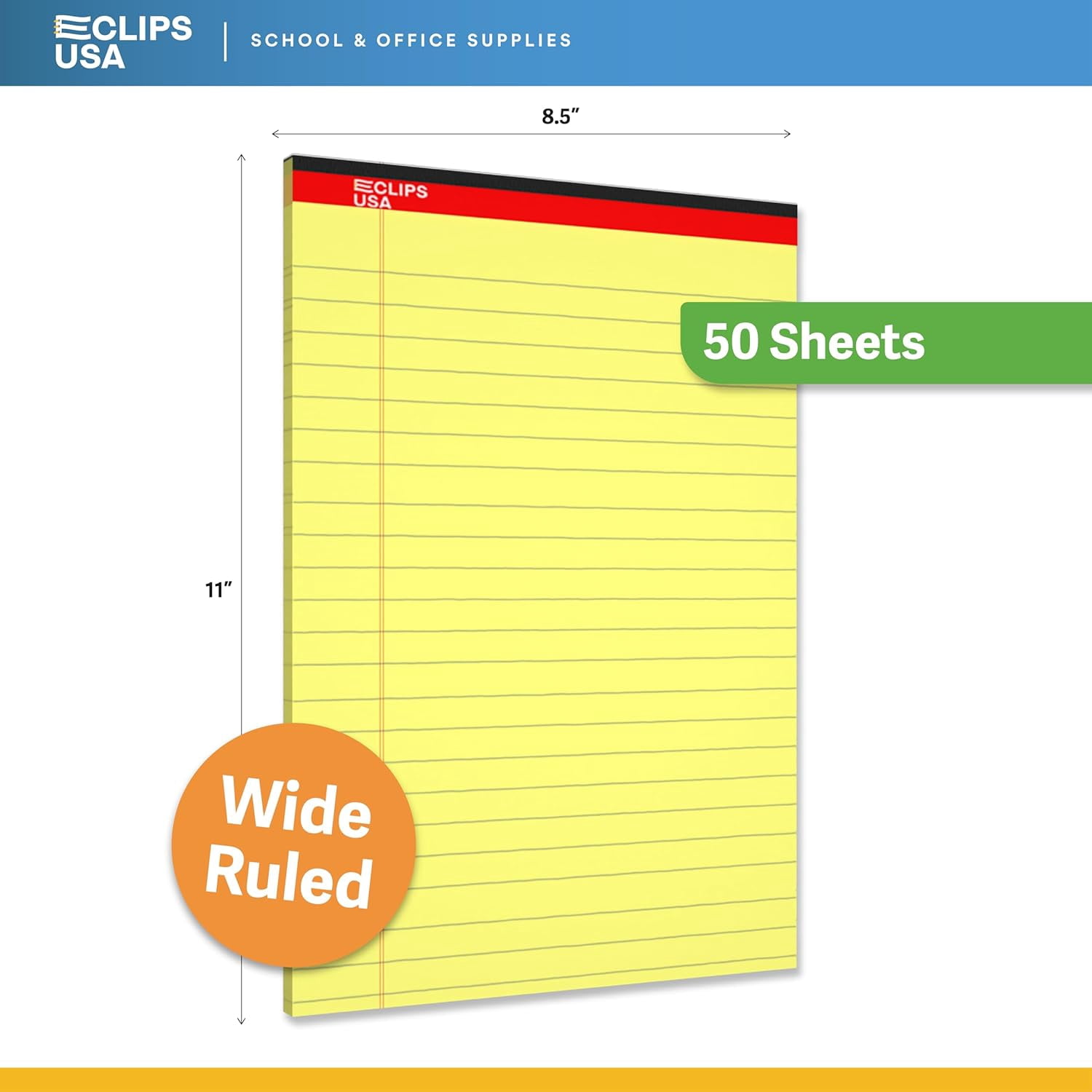 E-Clips USA 50-Sheet Legal Wide Ruled Paper Notepads with Chipboard Back, Canary Yellow, 12-Pack