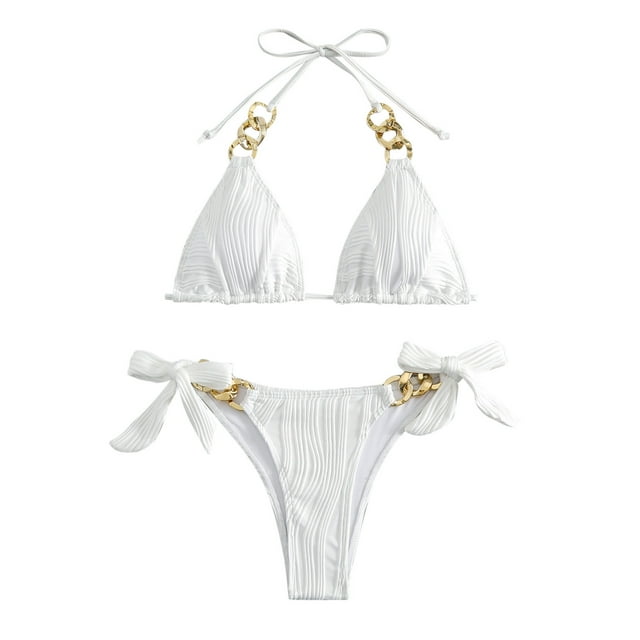 TSADFHJI Womens Plus Size Swimsuits Solid Color Bikini Sexy Lace Up Small Fresh Two Piece Swimsuit L White