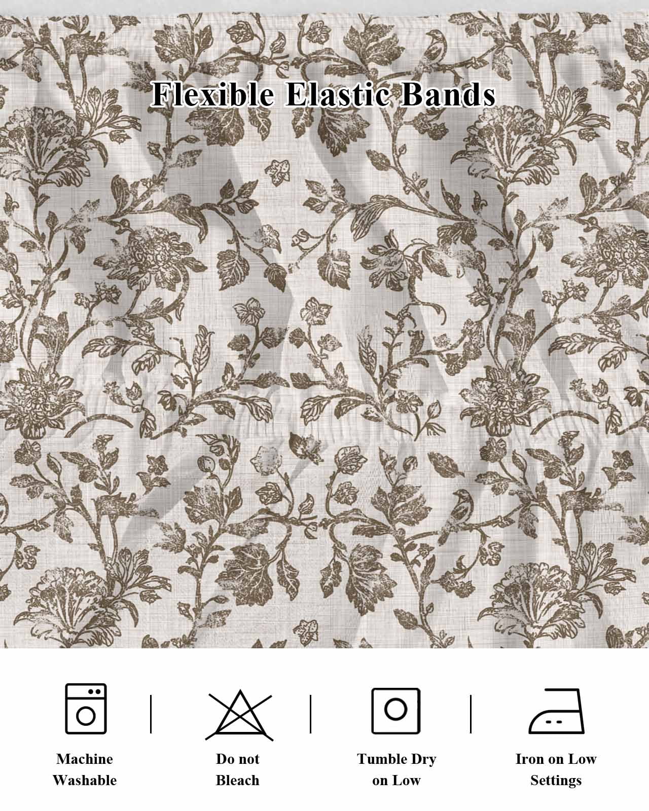 Farmhouse Brown Bed Skirt Cal King Size, Vintage Flower Leaf Botanical Plant Wrap Around Bed Skirting with Adjustable Elastic Strap, Dust Ruffled Pleated Bedskirts 16 Inch Drop for Bedroom Beds