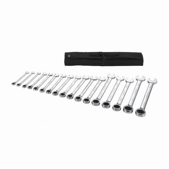 Ratcheting Wrench Set, Metric, 8 mm to 25 mm Head Sizes, 12 Points, 15-Piece
