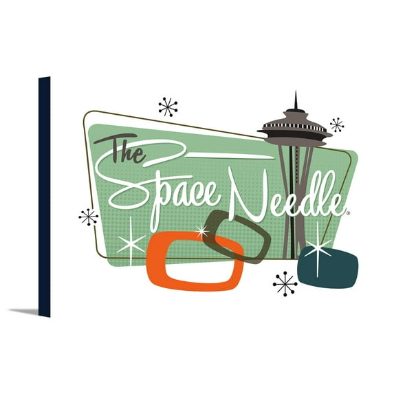 The Space Needle -Mid Century Modern - Teal Sign - Lantern Press Artwork (24x16 Gallery Wrapped Stretched Canvas)