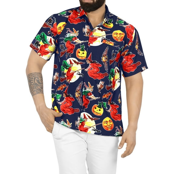 LA LEELA Men's Button Down Short Sleeve Summer Caribbean Party Shirt Vacation Halloween Costumes Hawaiian Shirts for Men XXL Scary Theme Night Blue