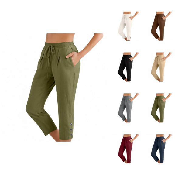 Cotton Linen Capri Pants for Women Spring Summer Elastic Waist Straight Leg Cropped Pants with Pockets Womens Capris