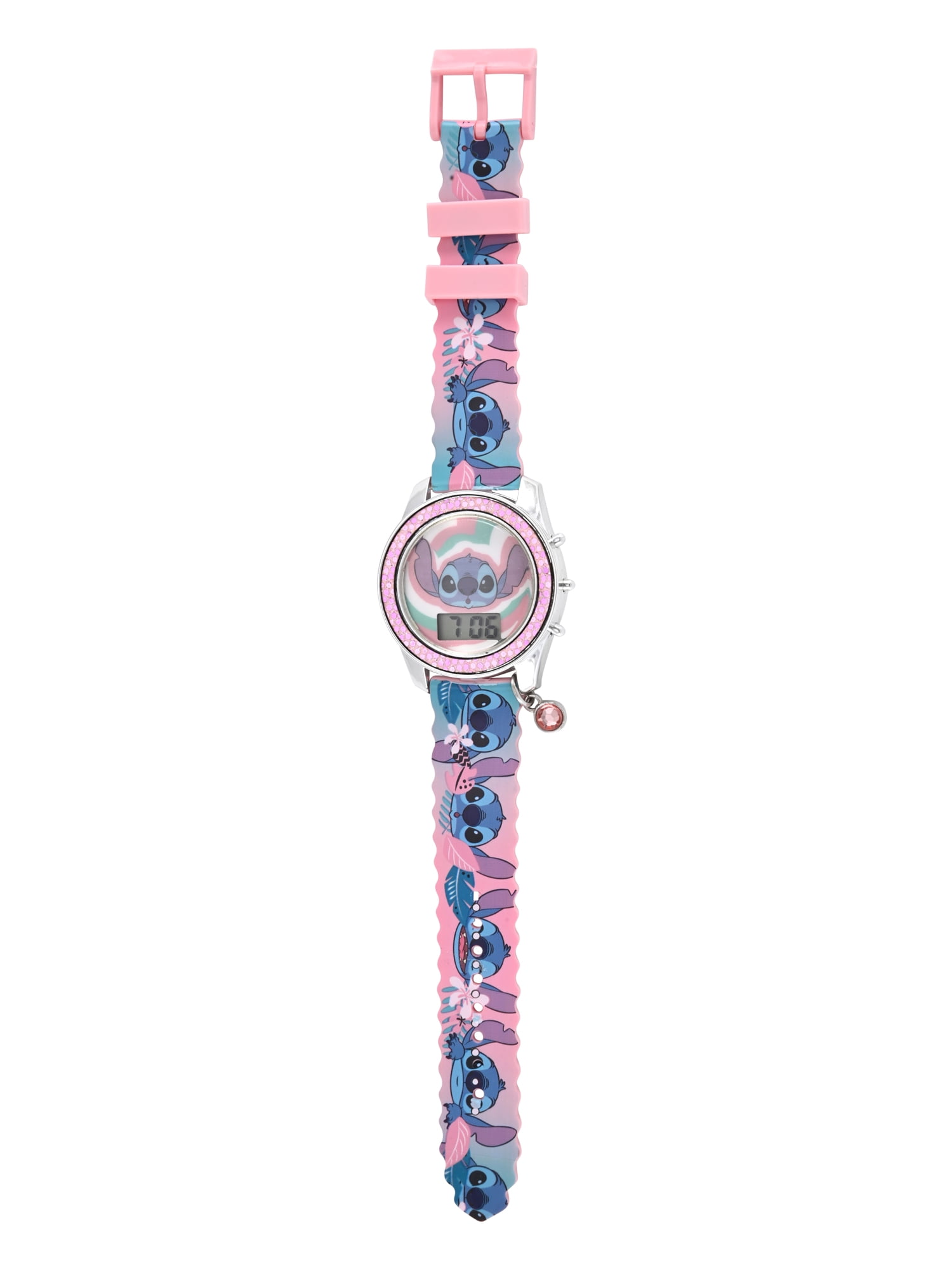 Disney Lilo & Stitch Pink Scalloped Silicone Strap with Pink Crystal Bezel Watch; LAS4095WM