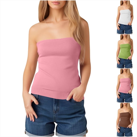 Felirenzacia Tube Tops for Women Going Out Strapless Crop Tops Sleeveless Bandeau Summer Y2k Cute Clothes,Pink,S