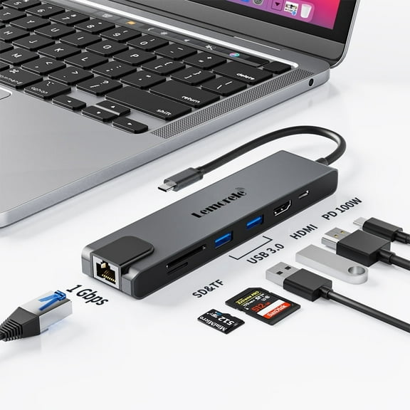 Lemorele USB C Hub, 7 in 1 Aluminum Multiport Adapter with RJ45 1000M, 100W PD, 4K HDMI, 2 USB 3.0 Ports, SD/TF Card Reader, Docking Station for MacBook, iPad, Chromecast, Switch, PS4