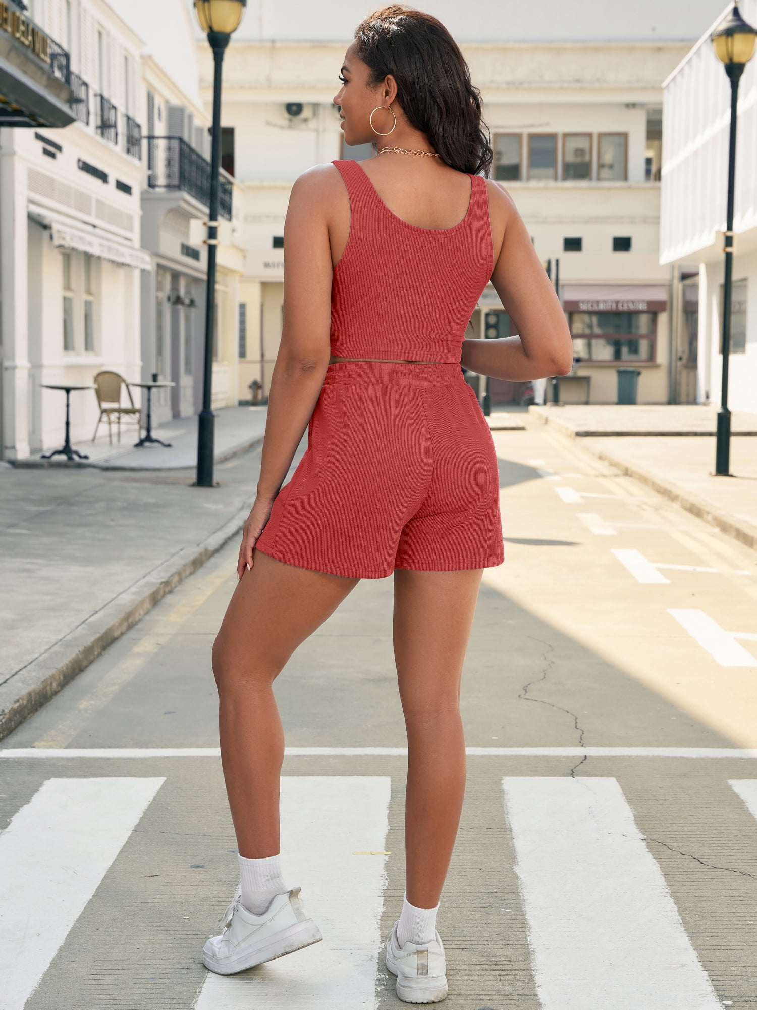 DARING DIVA Women's Stylish Two Piece Summer Outfit with Cropped Tank and Shorts S Red