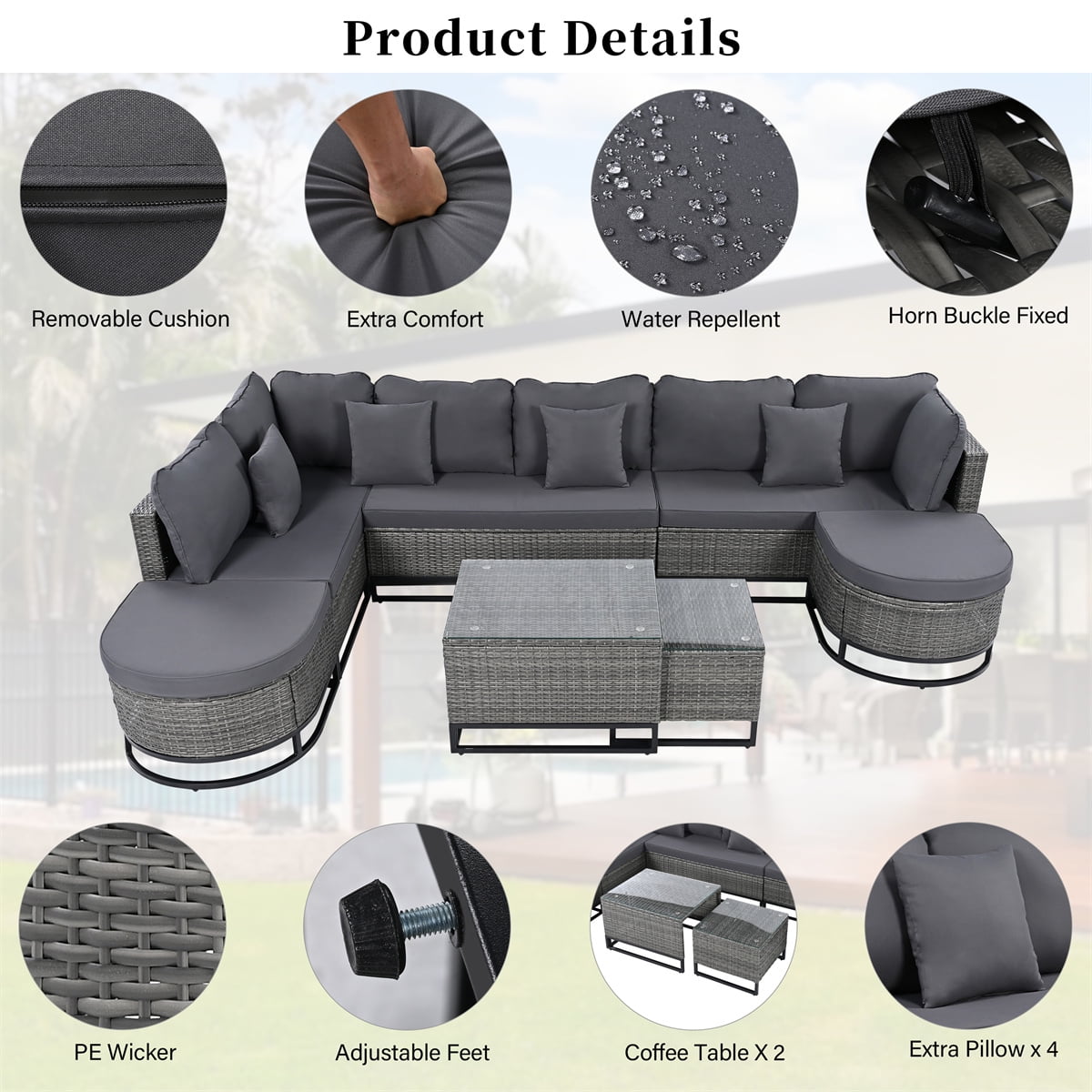 HighSound 7 Piece Patio Furniture Set, All-Weather Outdoor Wicker Sectional Conversation Sofa Rattan Patio Seating Sofa with Cushion, Glass Tables and Ottomans for Porch Poolside, Gray