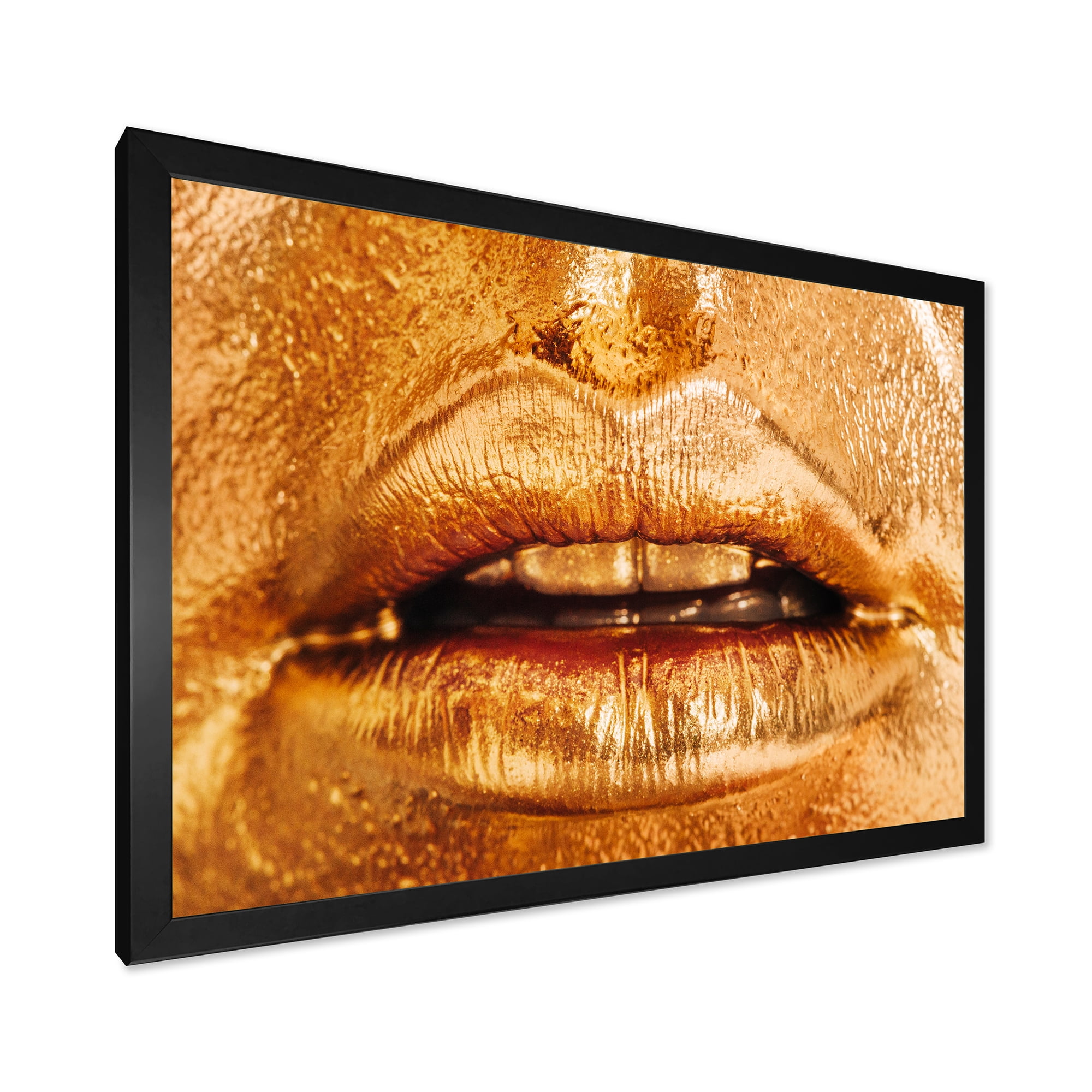 Designart 'Close Up Of Female Lips With Bright Golden Makeup' Modern Framed Art Print