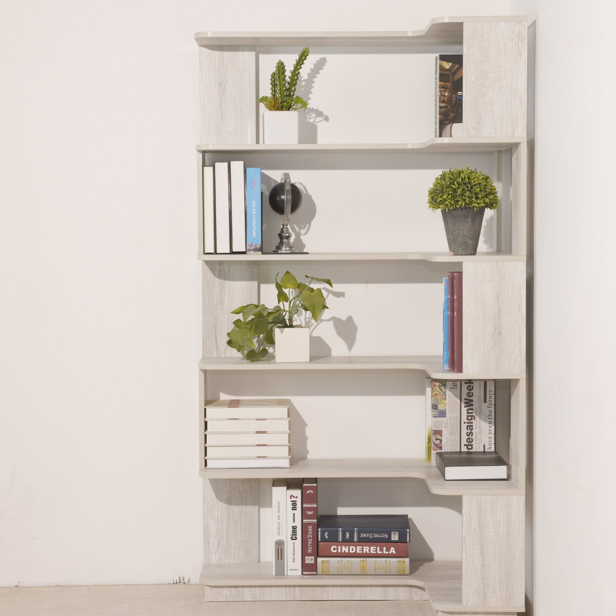 Leumius 5 Tier Freestanding Bookshelf,Wooden L-Shaped Corner Bookcase with Anti-drop Panel and Anti Tipping Device, Display shelf Open Storage,Light Gray