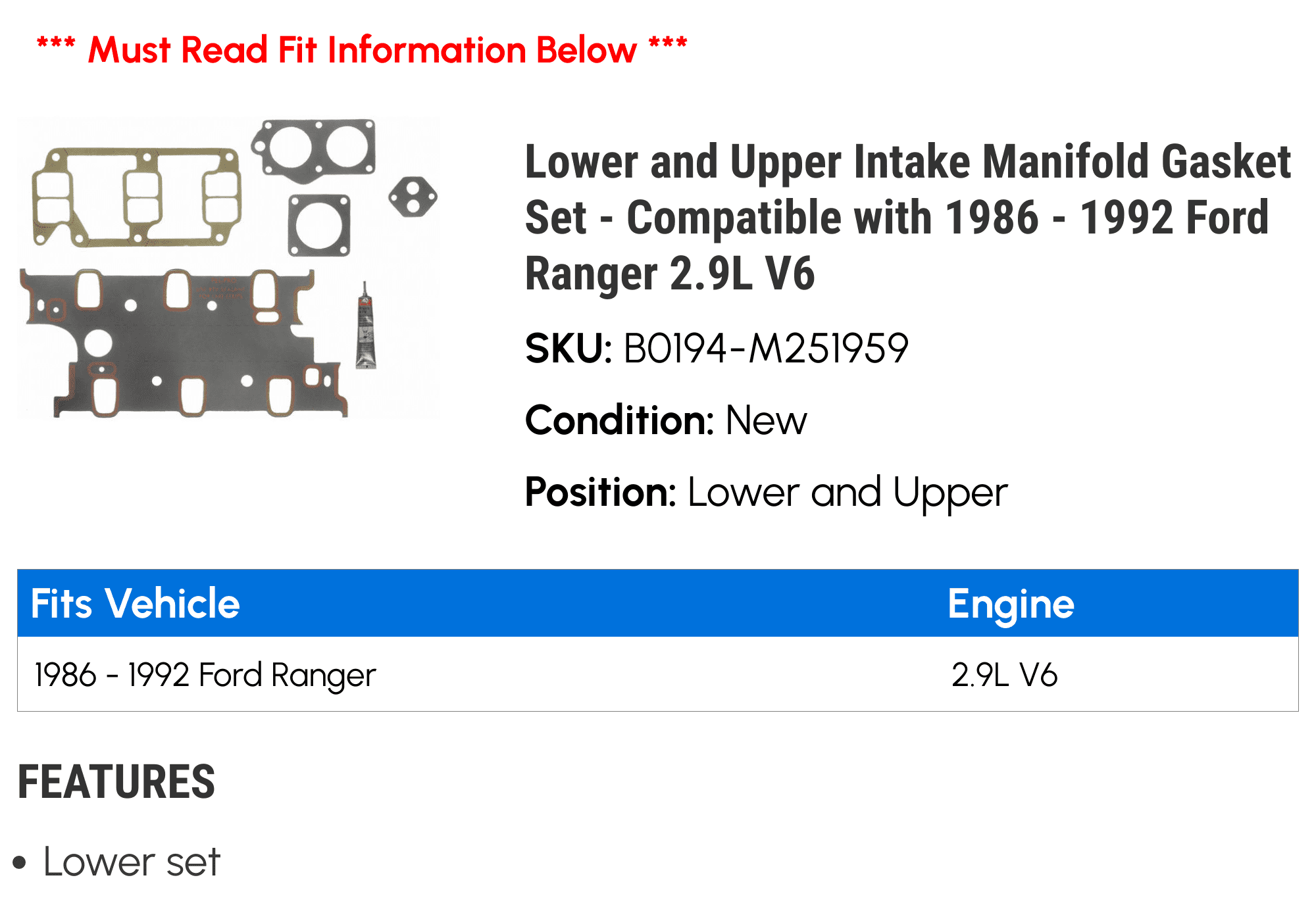 Lower and Upper Intake Manifold Gasket Set - Compatible with 1986 - 1992 Ford Ranger 2.9L V6 1987 1988 1989 1990 1991