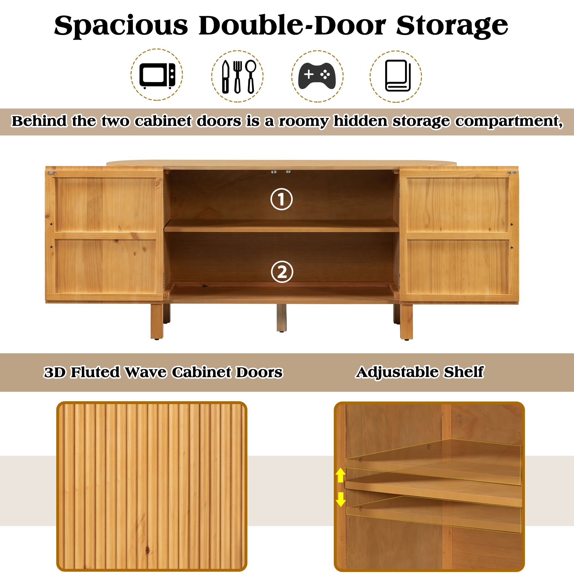 Euroco Sideboard Buffet Cabinet with Storage, 59.8" Mid Century Sideboard Cabinet with Double-layer Curved Extension Shelf & Metal Handle,Credenza Coffee Bar for Kitchen Living Room,Natural