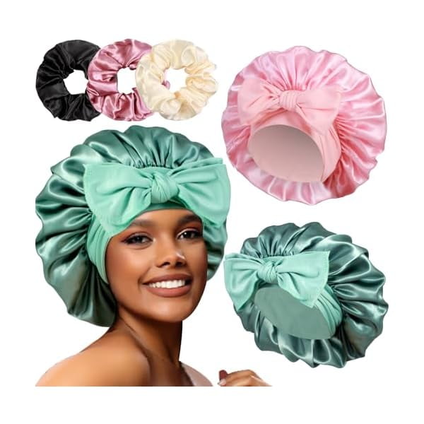 wonima11 2+3 Large Satin Bonnets with Scrunchies for Women, Hair Bonnet Sleeping Tie Bonnet for Braids Curly Hair