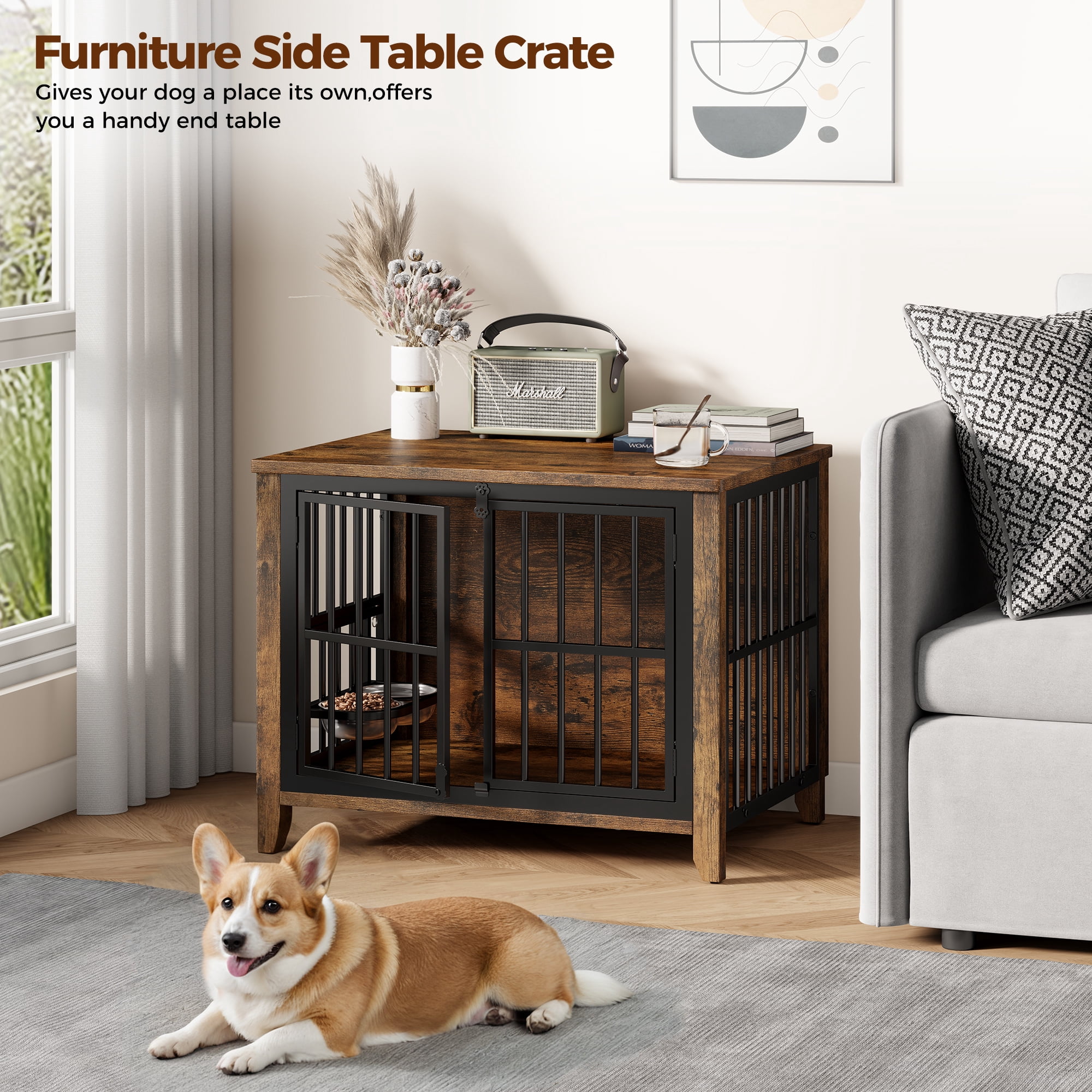 GIKPAL Dog Crate Furniture with 2 Adjustable Dog Bowls, Dog Kennel Indoor with Lockable Doors, 32" Pet Carrier House for Medium, Brown