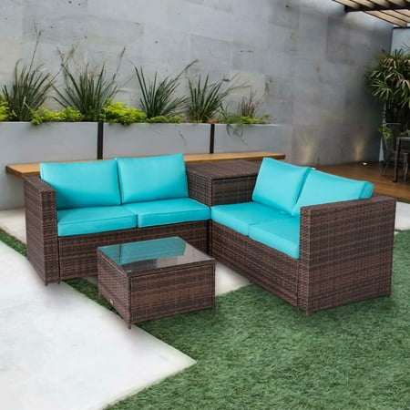 Kinbor 4Pcs Outdoor Rattan Wicker Patio Sofas Blue Cushion Seat Set Furniture Lawn Storage