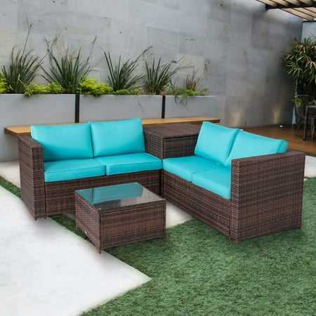 Outdoor Furniture Gumtree Brisbane Kinbor 4Pcs Outdoor Rattan Wicker Patio Sofas Blue Cushion Seat Set Furniture Lawn Storage Table ()