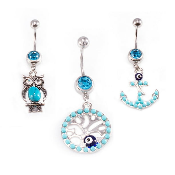 Belly Button Ring Pack of 3 Tree of life Infinite love Hamsa Hand Anchor Owl Walmart