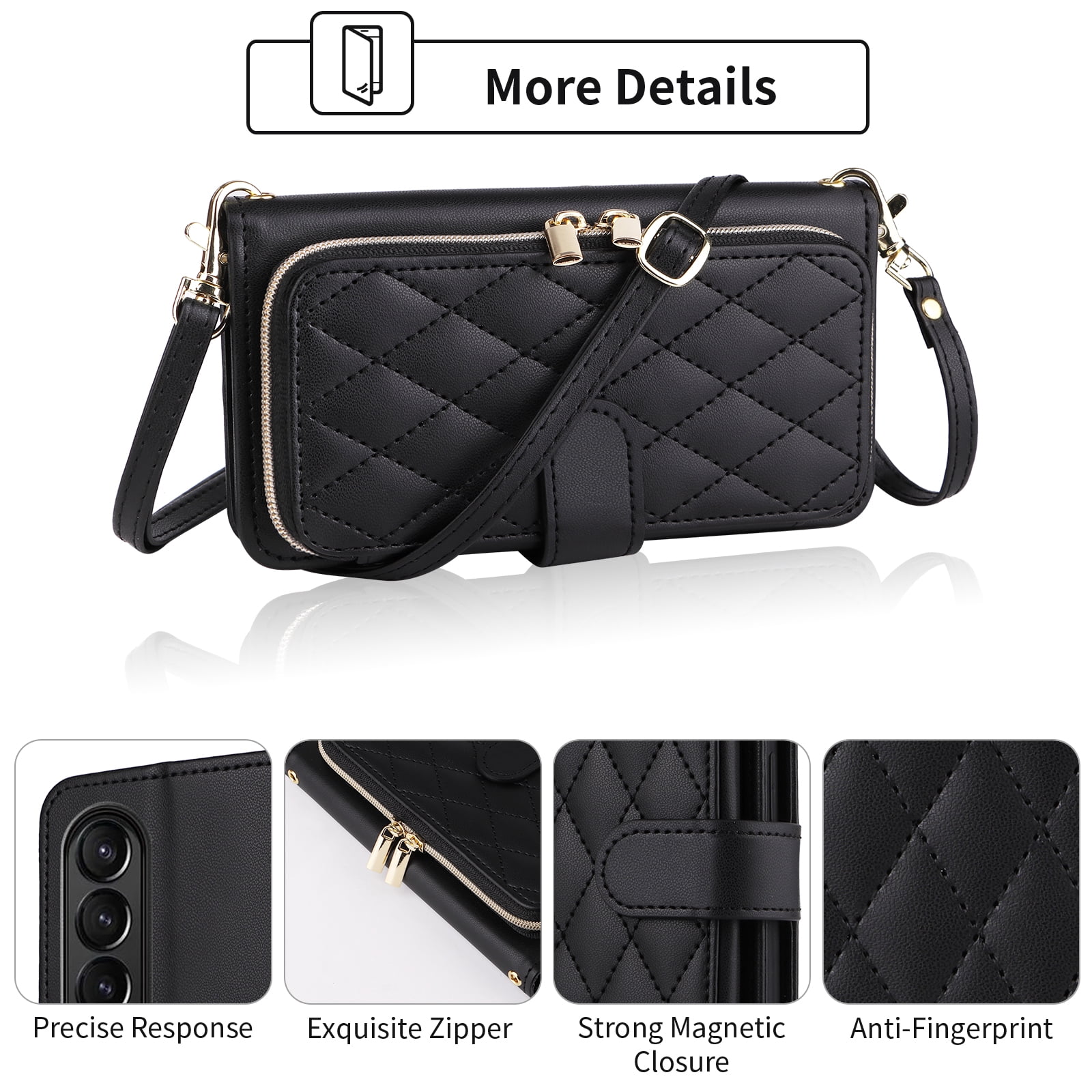 Furiet Wallet Case for Samsung Galaxy Z Fold 3 5G 2021 with Wrist Strap Crossbody Shoulder Strap, 9+ Card Slots Zipper Purse, Luxury PU Leather Stand Phone Cover for ZFold3 Z3 Fold3 3Z ZFold35G Black