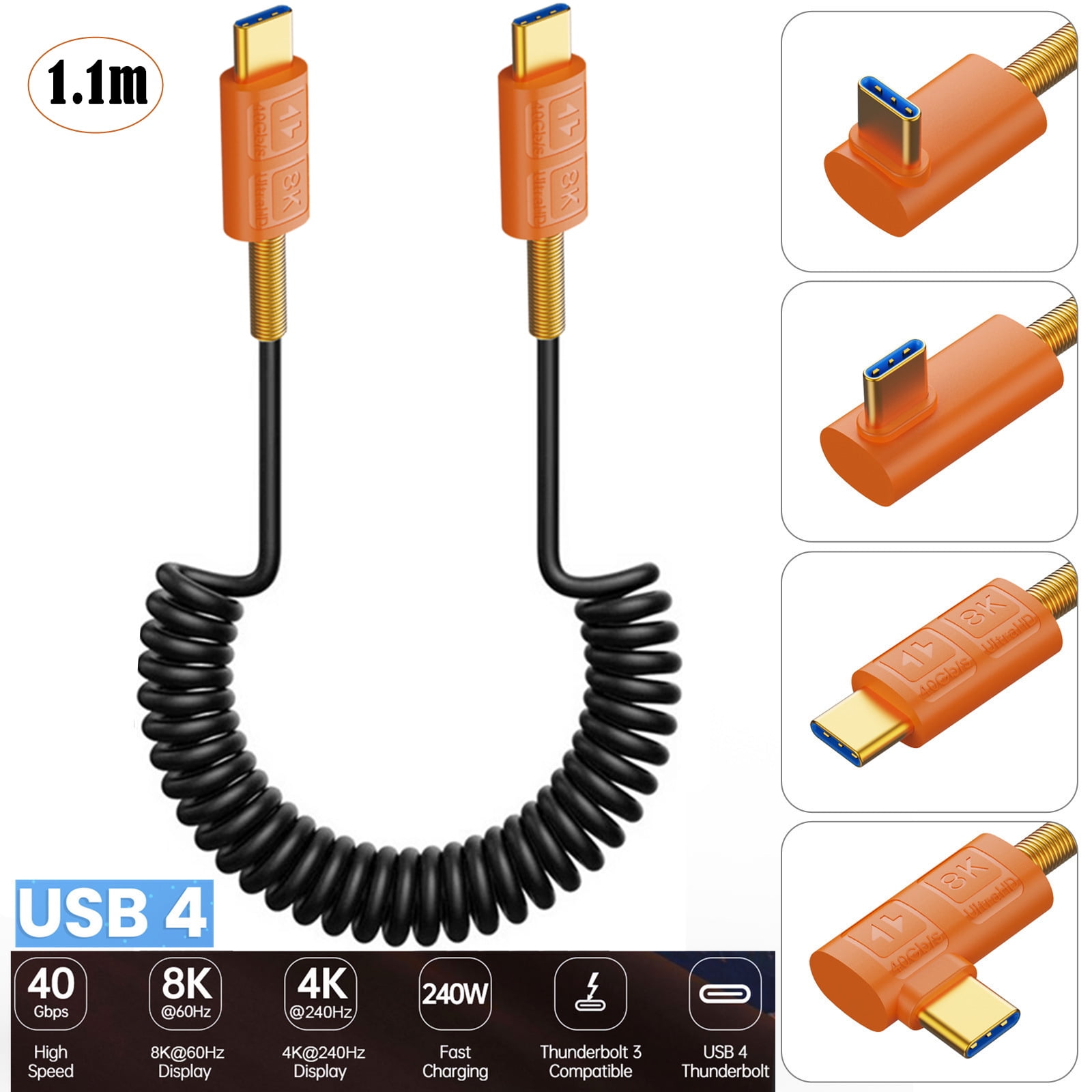 Spring Coiled Data Cable USB Type C Telescopic Charging Wire Line Adjustable Length up to 1.1m Support 240W Charging