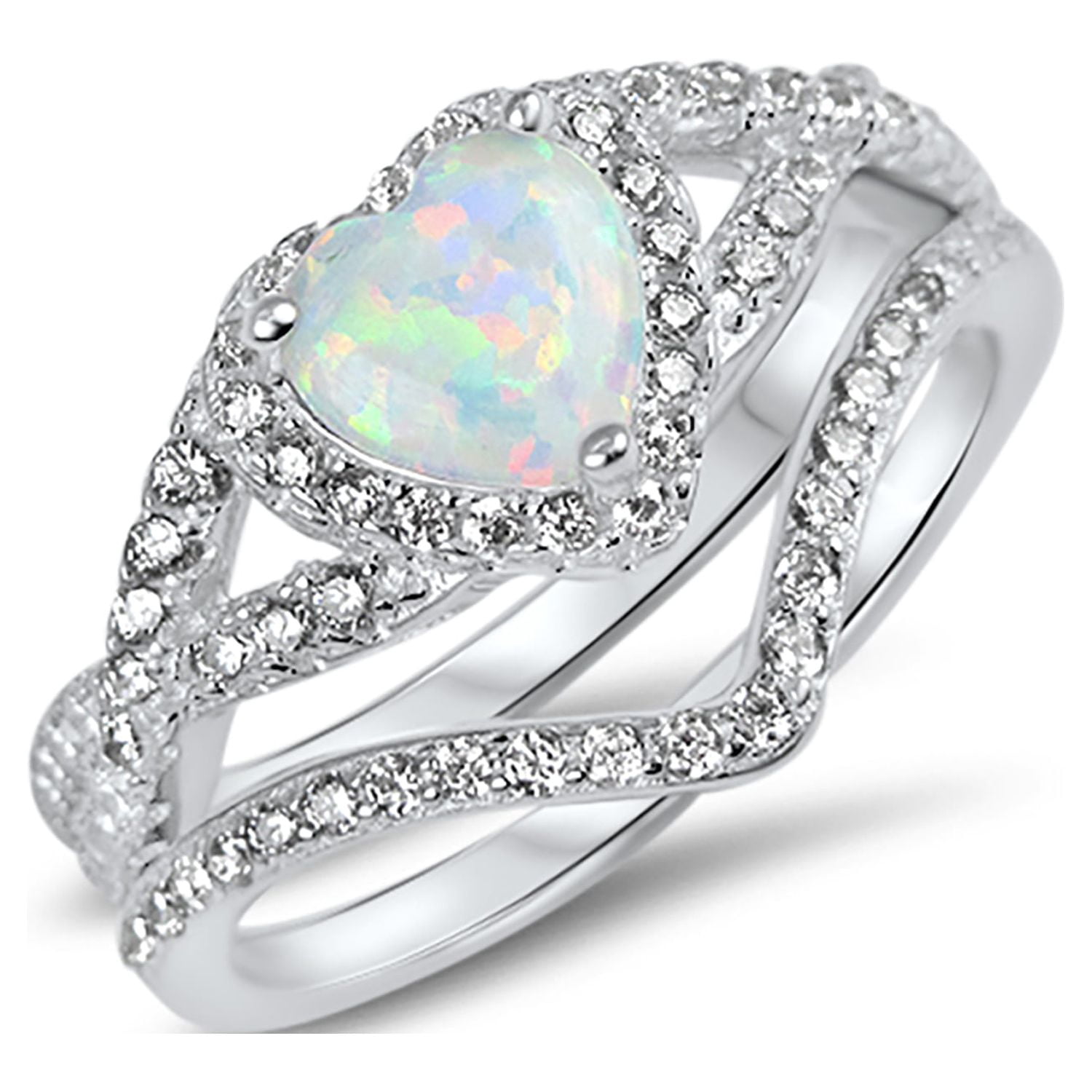 LaRaso & Co Vintage Sterling Silver 1 Carat White Opal Heart Wedding Engagement Ring Set for Women Size 8