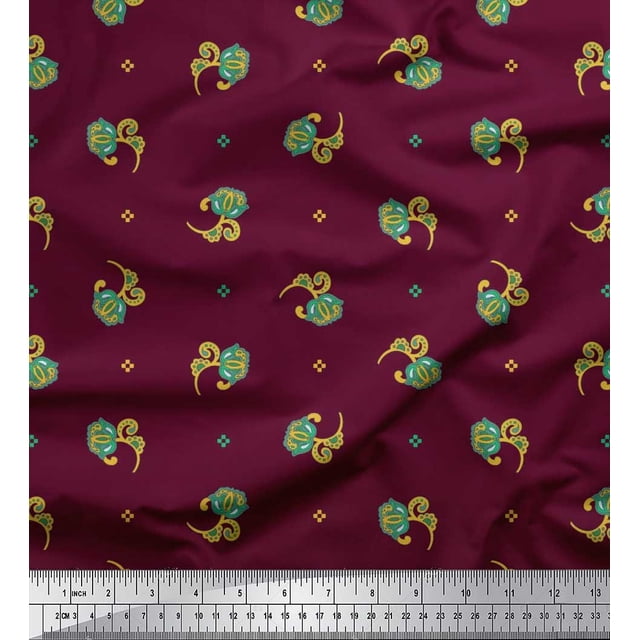 Soimoi Rayon Fabric Square & Floral Artistic Printed Fabric 1 Yard 56 Inch Wide