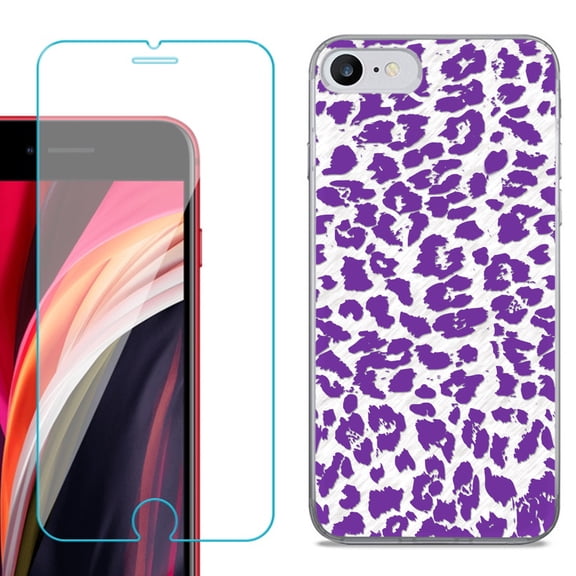 Slim-Fit Fashion Gel Phone Case for iPhone SE 2022, with Tempered Glass Screen Protector, by OneToughShield ® - Cheetah Purple