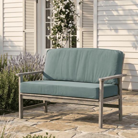 Crestwood Garden Harbor Weathered Gray Wood Outdoor Loveseat with Blue Spruce Cushion