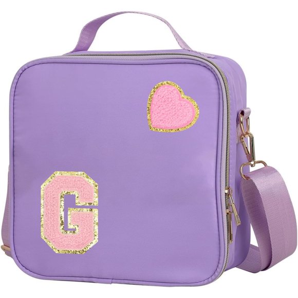 shiyou-Insulated Nylon Lunch Box for Girls, Kids, and Women-Stylish Purple Preppy Large Lunch Bag with Adjustable Strap (Letter G), Tote for School, Travel, and Picnics-Ideal Preppy Stuff Choice