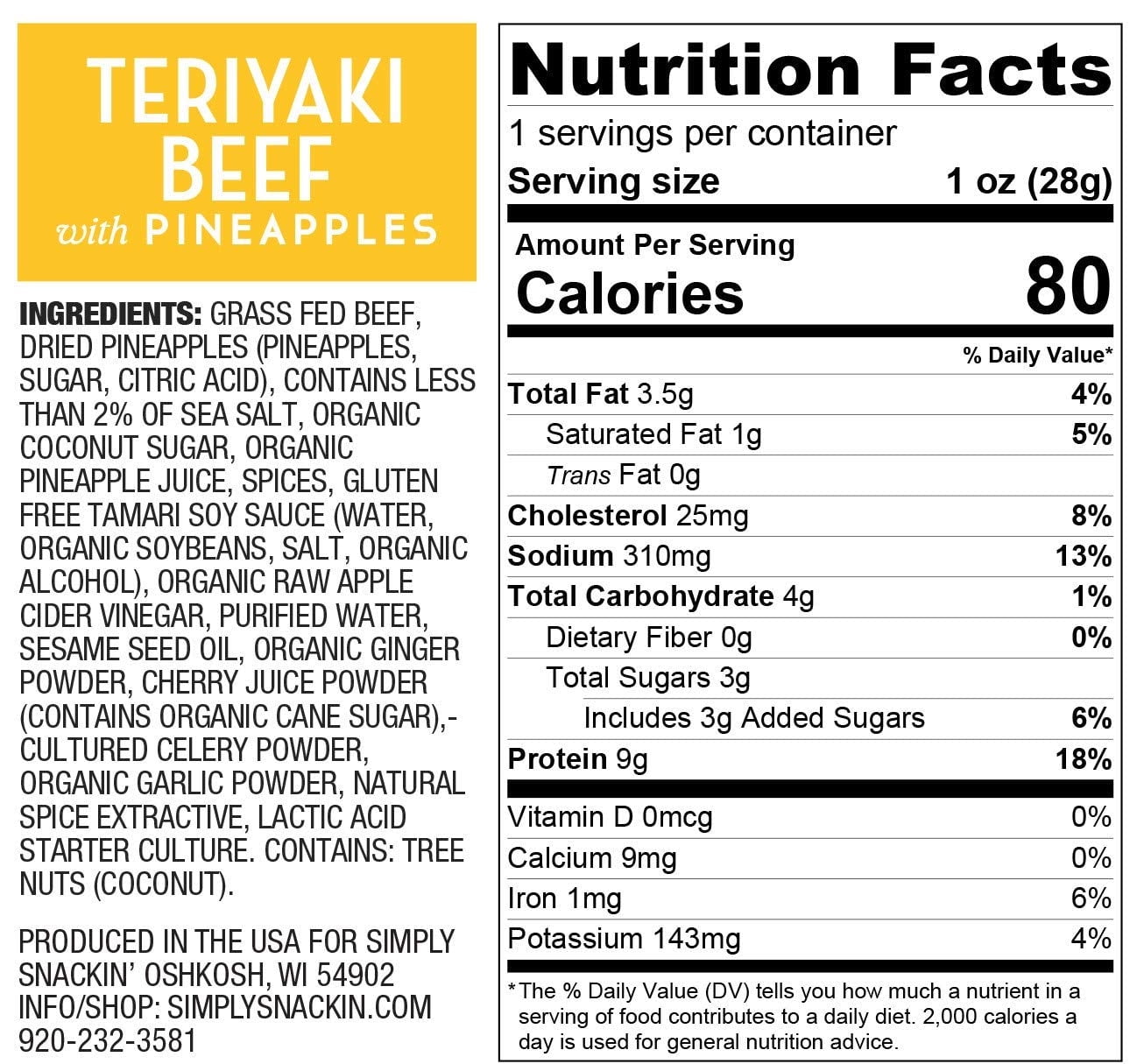 Simply Snackin' Beef Protein Snack - Teriyaki Beef with Pineapples Size: 24-Pack