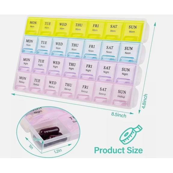 Pill Organizer 4 Times a Day, Weekly Pill Organizer, Pill Box with Large Compartments, Pills Box 7 Days Portable Medicine Organizer for Vitamins & Supplements, 28 Grids Medical Plastics
