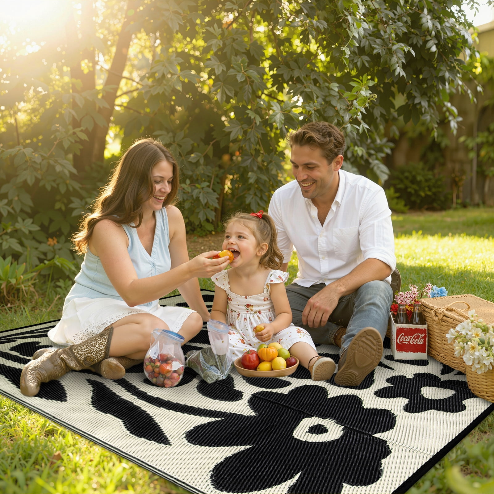 Lahome Waterproof Outdoor Rug 4'x6', Reversible Plastic Straw RV Camping Mat - Portable Abstract Flower Patio Carpet for Deck, Backyard, Balcony, Garden (Black & White)