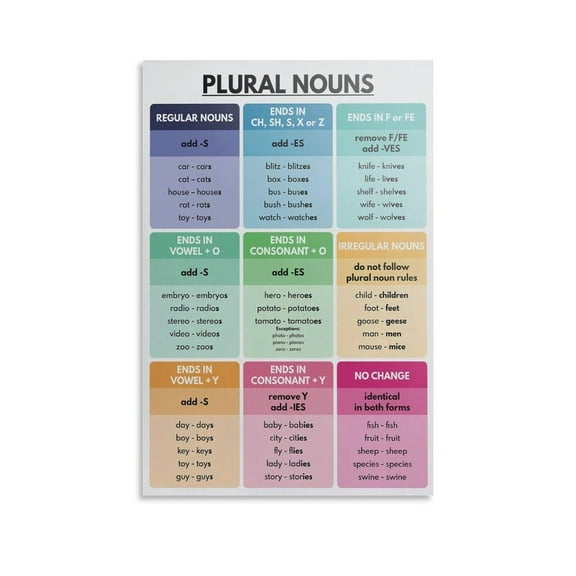 PLURAL NOUNS Poster Grammar Chart for Homeschool Decorative Painting Canvas Wall Art Posters for Room Aesthetic
