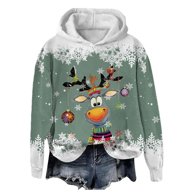 WILLBEST Sudadera de Mujer con Capucha, Estilo Casual, con Estampado Navideño de Ciervos con Cabeza Grande y Copos de Nieve Cuello Redondo, Manga Larga y Diseño Ligero Mediana