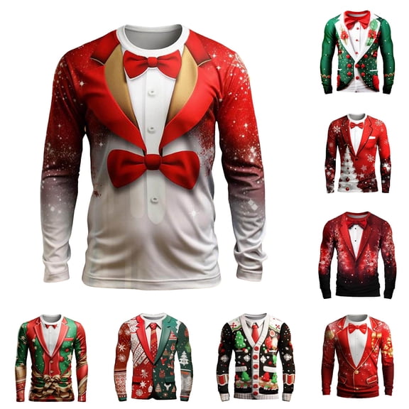 ZXLBBD Mens T Shirts Christmas Digital 3D Printed Long Sleeve Crew Neck T Shirt Fall Winter Fashion T-Shirts for Man Casual,White,L