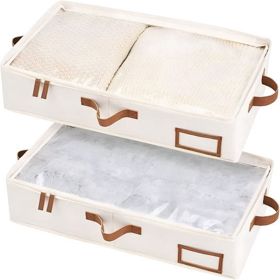 LAMIRO Underbed Storage Box With Zippers,Robust Construction & Ultra-Thick Fabric,Collapsible Closet Storage Bags,23.5"x 12.5"x 5",Medium,Ivory White,2 PK