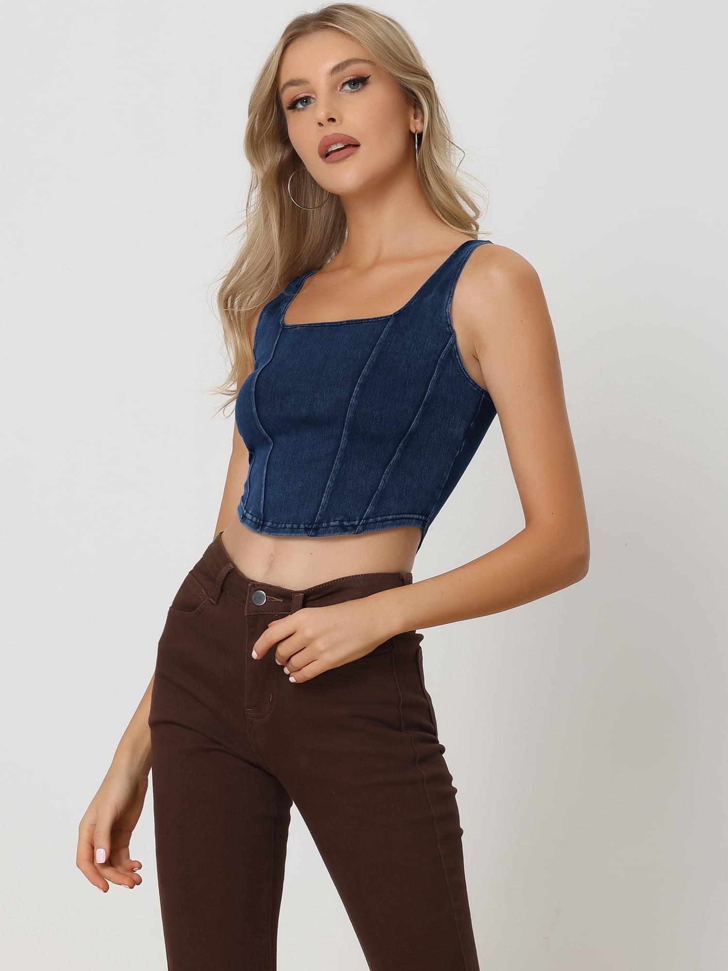 Unique Bargains Women Denim Tank Top Scoop Neck Stretchy Cropped Jean Vest XS Dark Blue