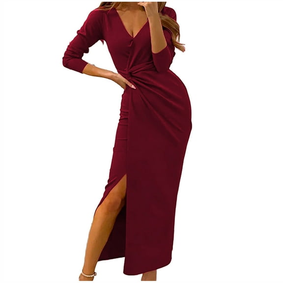 AOOCHASLIY Summer Clearance Womens Dresses Women Sexy Casual V-Neck Long Sleeve Solid Color High Split Sheath Ankle-Length Dress