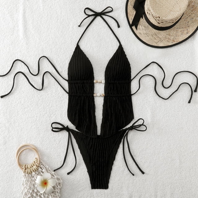 Traje de baño de 2 piezas para mujer, trajes de baño para mujer, bikinis de cintura alta con cordón ajustable, traje de baño de una pieza fruncido para mujer
