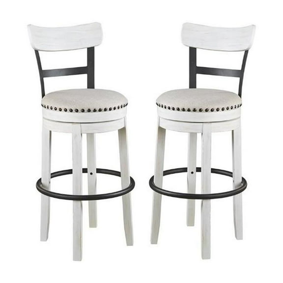 Home Square 2 Piece Upholstered Swivel Wood Bar Stool Set in Vintage White