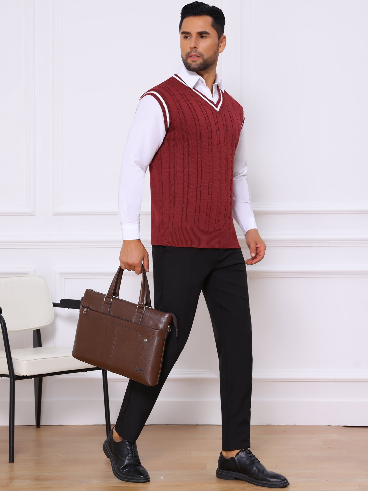 DARING DIVA Men's Solid Color V-Neck Sleeveless Cable Knitted Sweater Vest XL Red