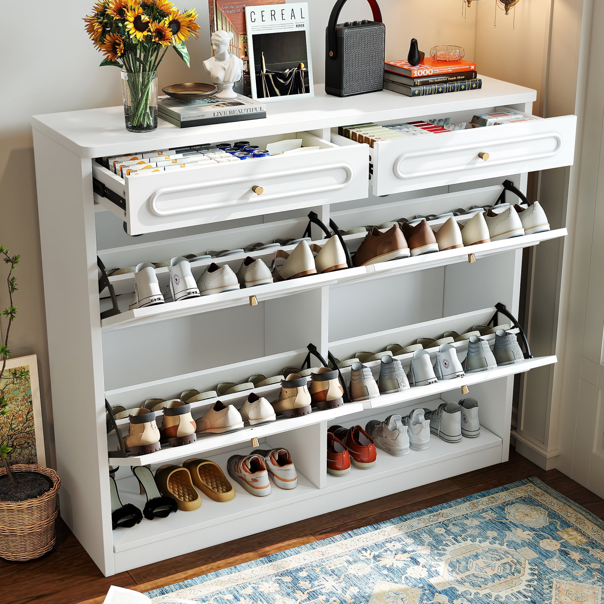 Jopath Shoe Cabinet with 4 Flip Drawers and 2 Storage Drawers,Farmhouse Wooden Sturdy Shoes Rack Organizer for Hallway,Closet,Living Room,Bedroom,White