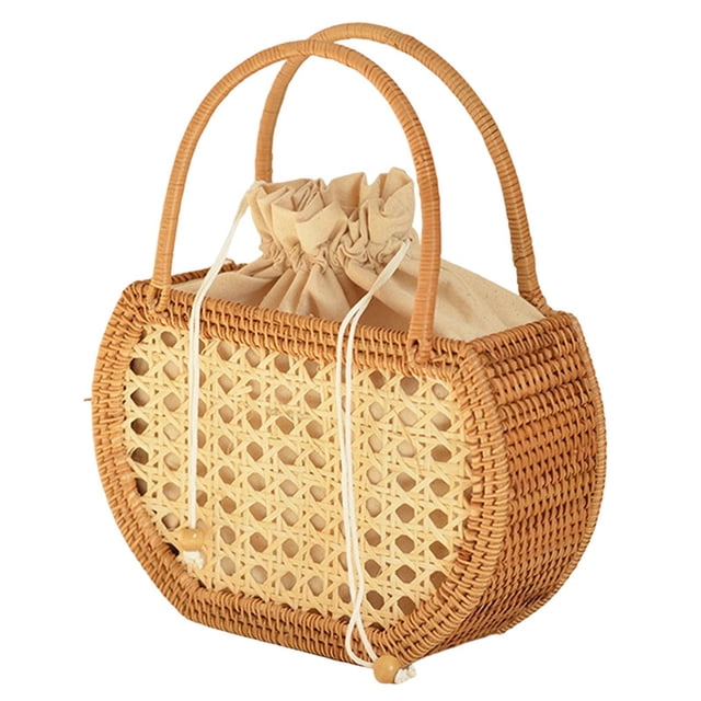 Jumpingount Hand Woven Rattan Handbag Boho Style Basket Bag Hand Travel Picnic Bolsas de mensajero y de hombro Semicircular