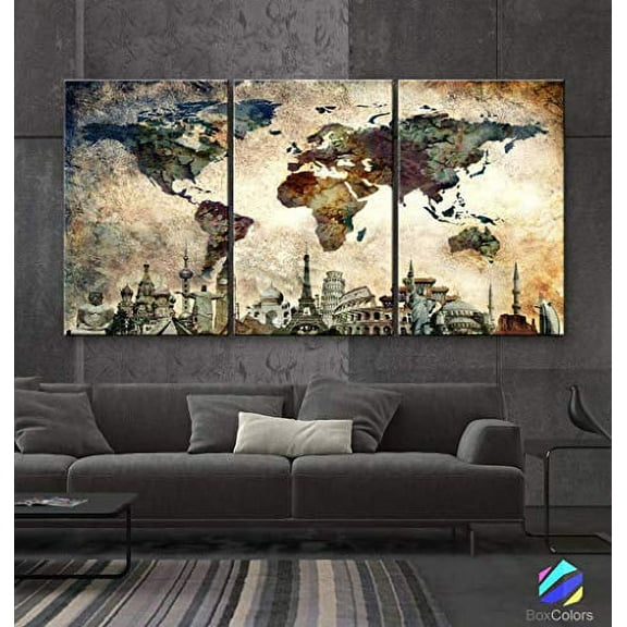 Original by BoxColors LARGE 30"x 60" 3 panels 30x20 Ea Art Canvas Print Map World Wonders Old paper texture wall home decor (framed 1.5" depth) M1844