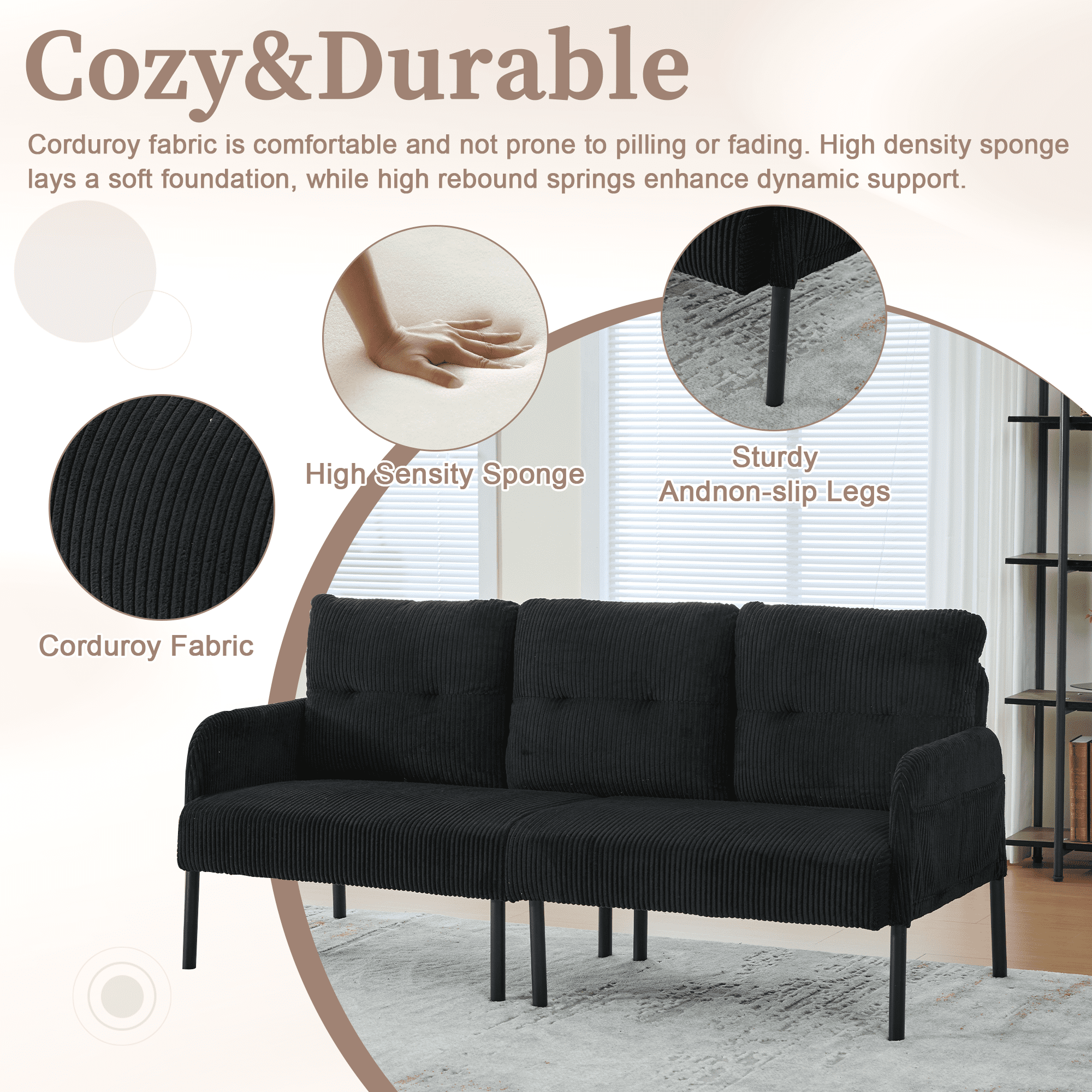 Jopath Oversized Loveseat, Double-Seater Sofa Cozy Bedroom Sofa with Metal Legs and Side Pockets for Living Room Bedroom Dorm Apartment Black