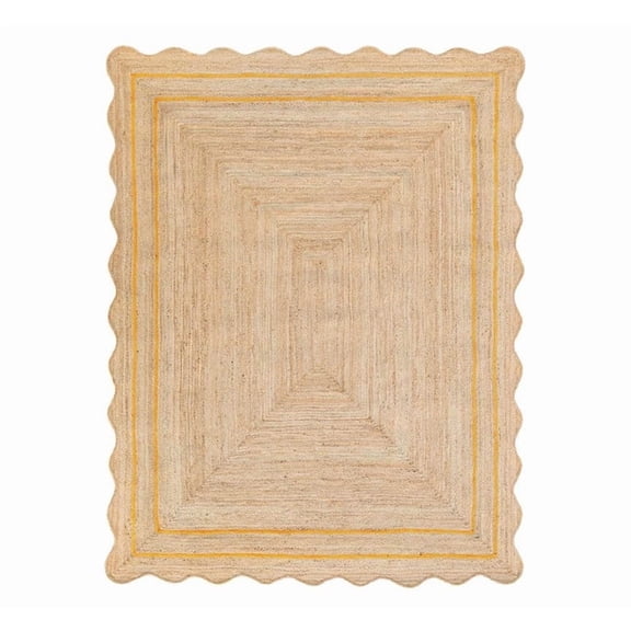 Wave Scalloped Natural Jute Rug, Handmade Boho Farmhouse Braided Eco-Friendly Indoor Carpet for Living Room, Bedroom, Hallway, Yellow, 2.6 X 14 FT