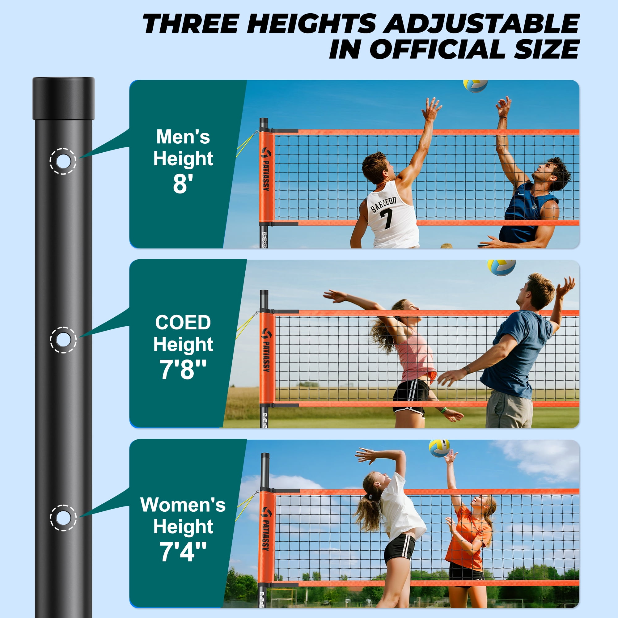 Patiassy Professional Outdoor Volleyball Net Set with Adjustable Height Poles, Winch System, Volleyball with Pump and Carrying Bag for Backyard Beach