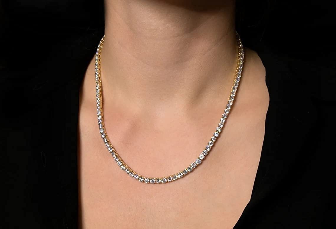 925 Italian Sterling Silver 4mm Tennis Necklace, Iced Out Round Cut CZ Cubic Zirconia Yellow Gold Plated Link Chain, Giorgio Bergamo 22
