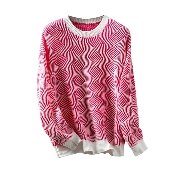 TFEOQRY Pullover Sweater for Women Fashion Loose Striped Knitwear Long Sleeved Round Neck Sweater Top Hot Pink