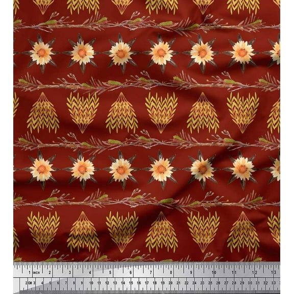 Soimoi Red Cotton Duck Fabric Leaves & Sunflower Floral Print Fabric By the Yard 44 Inch Wide