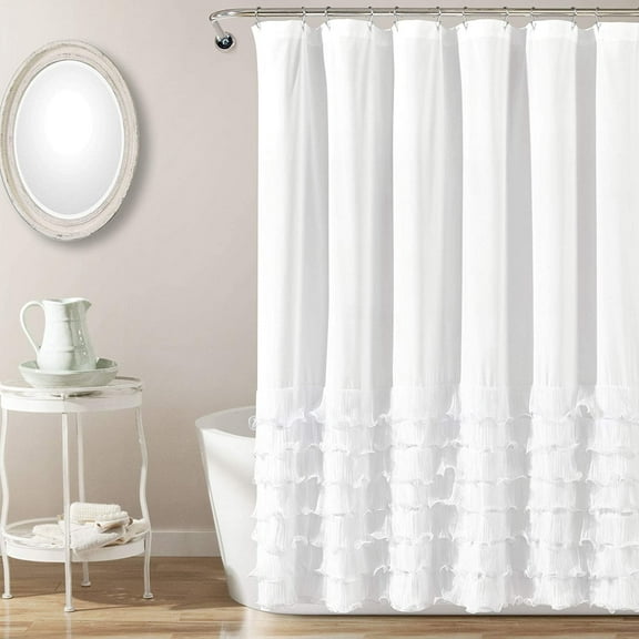 Avery Shower Curtain Ruffled Vintage Chic Farmhouse Style Bathroom, 72” x 72”, White